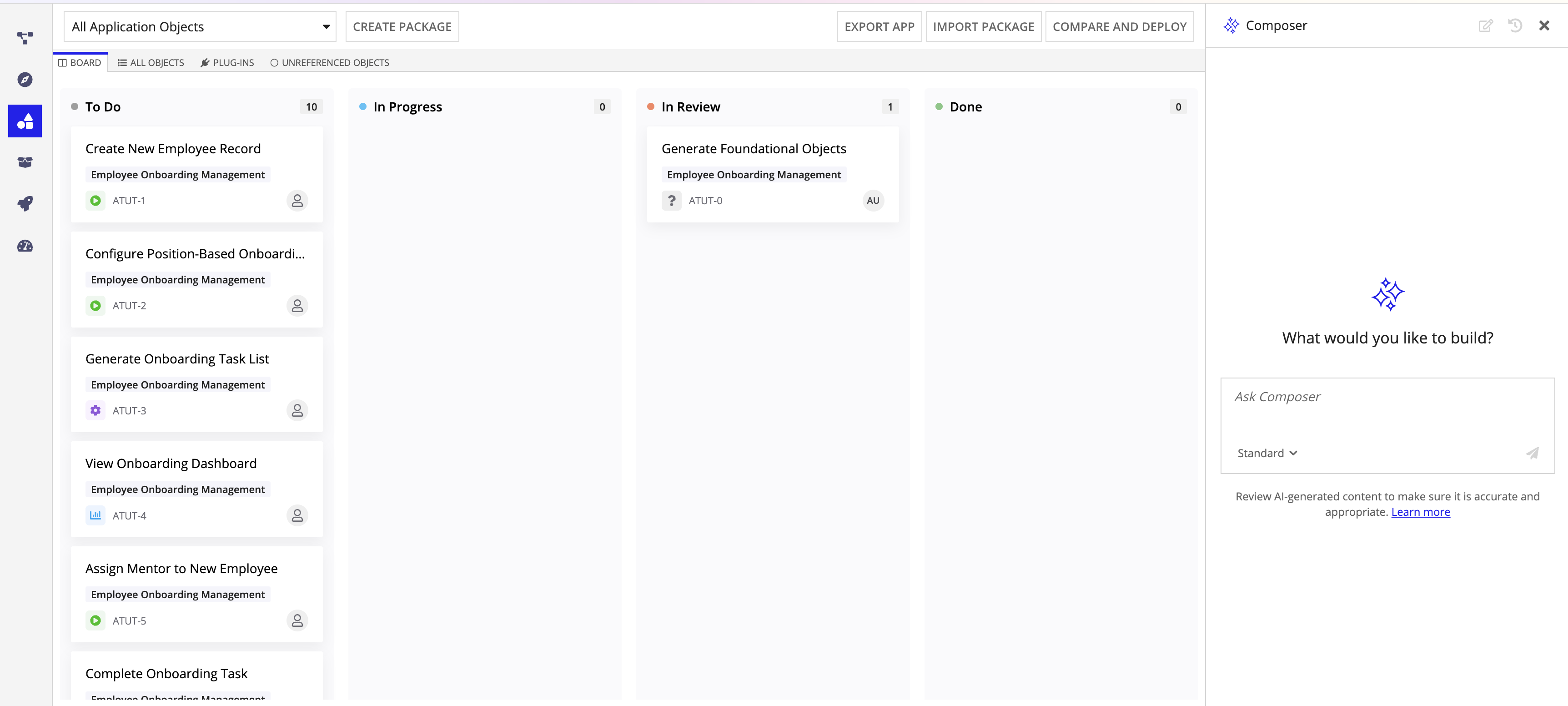 Board showing story cards organized in status columns